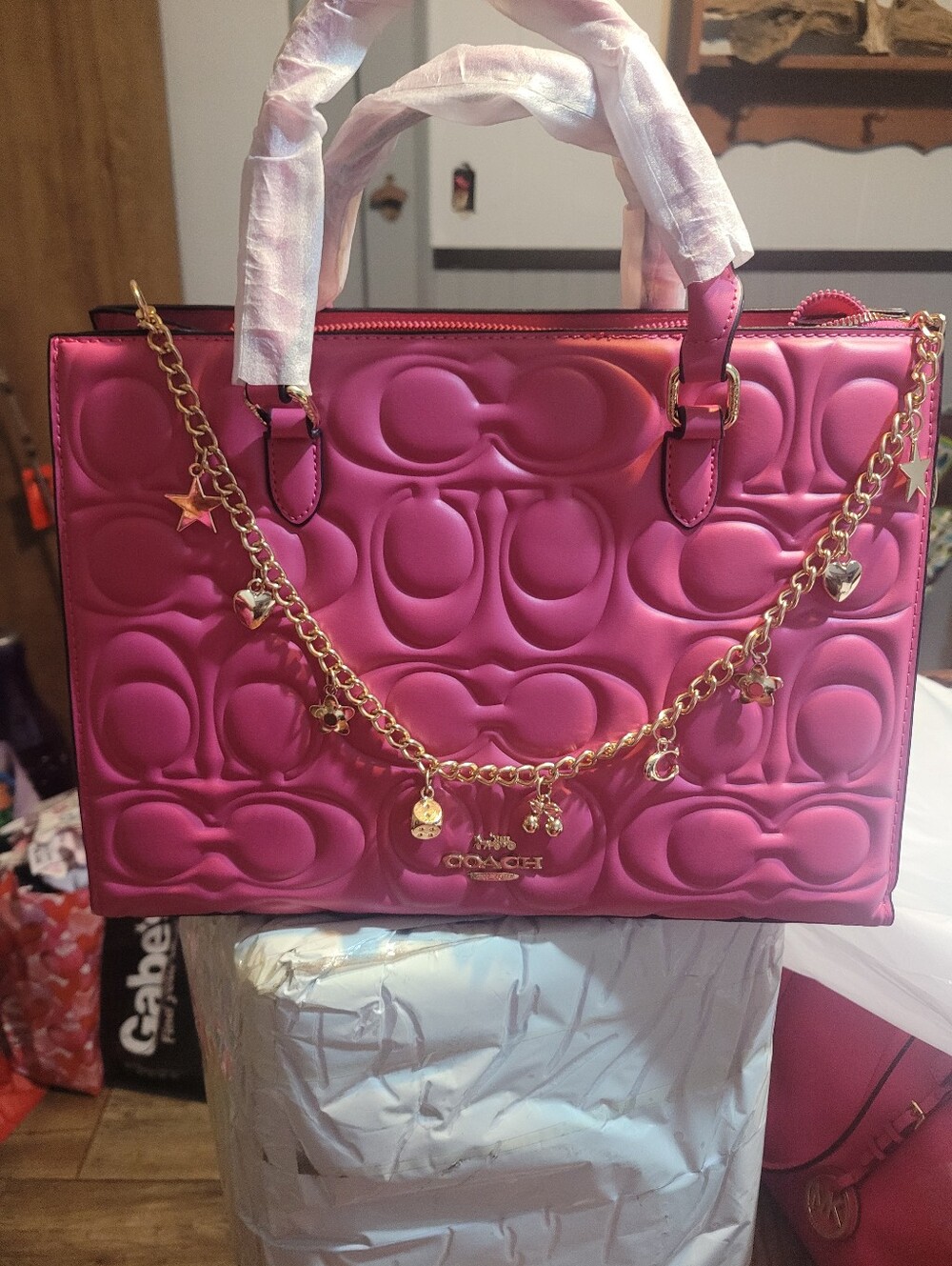 Pink Quilted Satchel with Gold Charm Chain